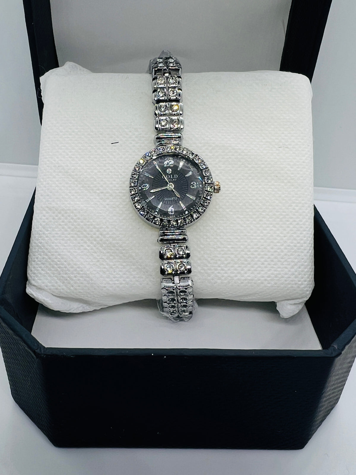 Silver Diamond Black Dial Ladies Watch