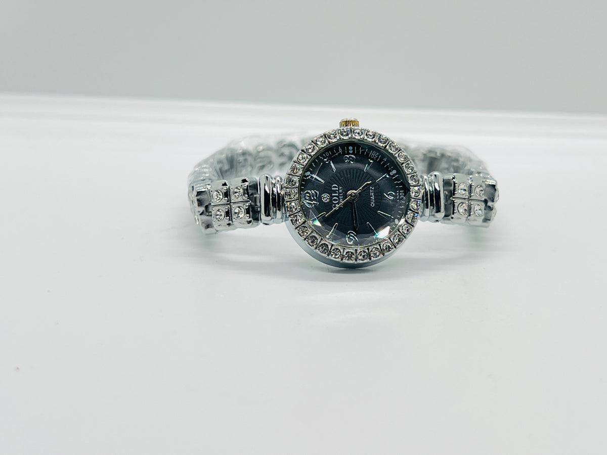 Silver Diamond Black Dial Ladies Watch